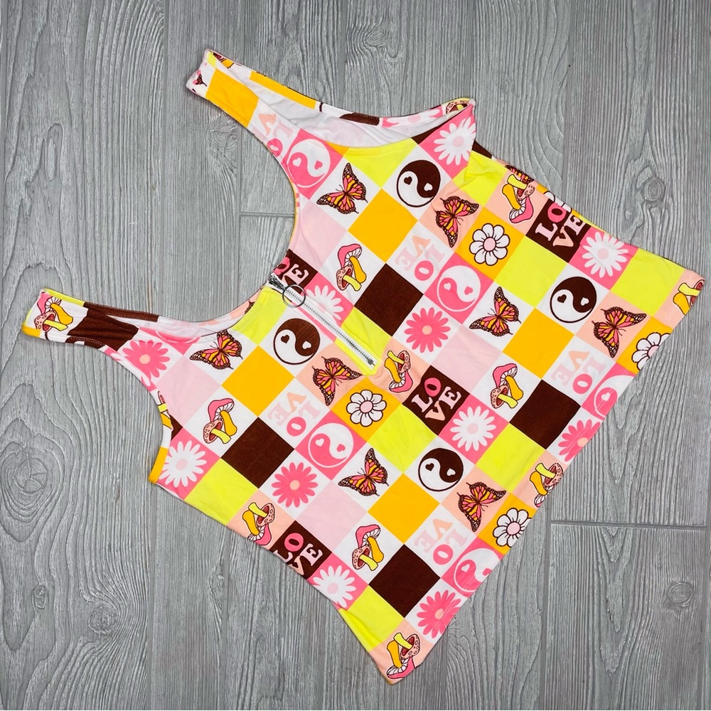 Rue21 Yellow Pink Brown Graphic Patchwork Tank Top